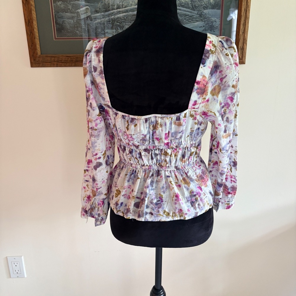 J.Crew Floral Smocked Peplum Blouse Womens Size 6 Square Neck Long Sleeve Top - Picture 2 of 7